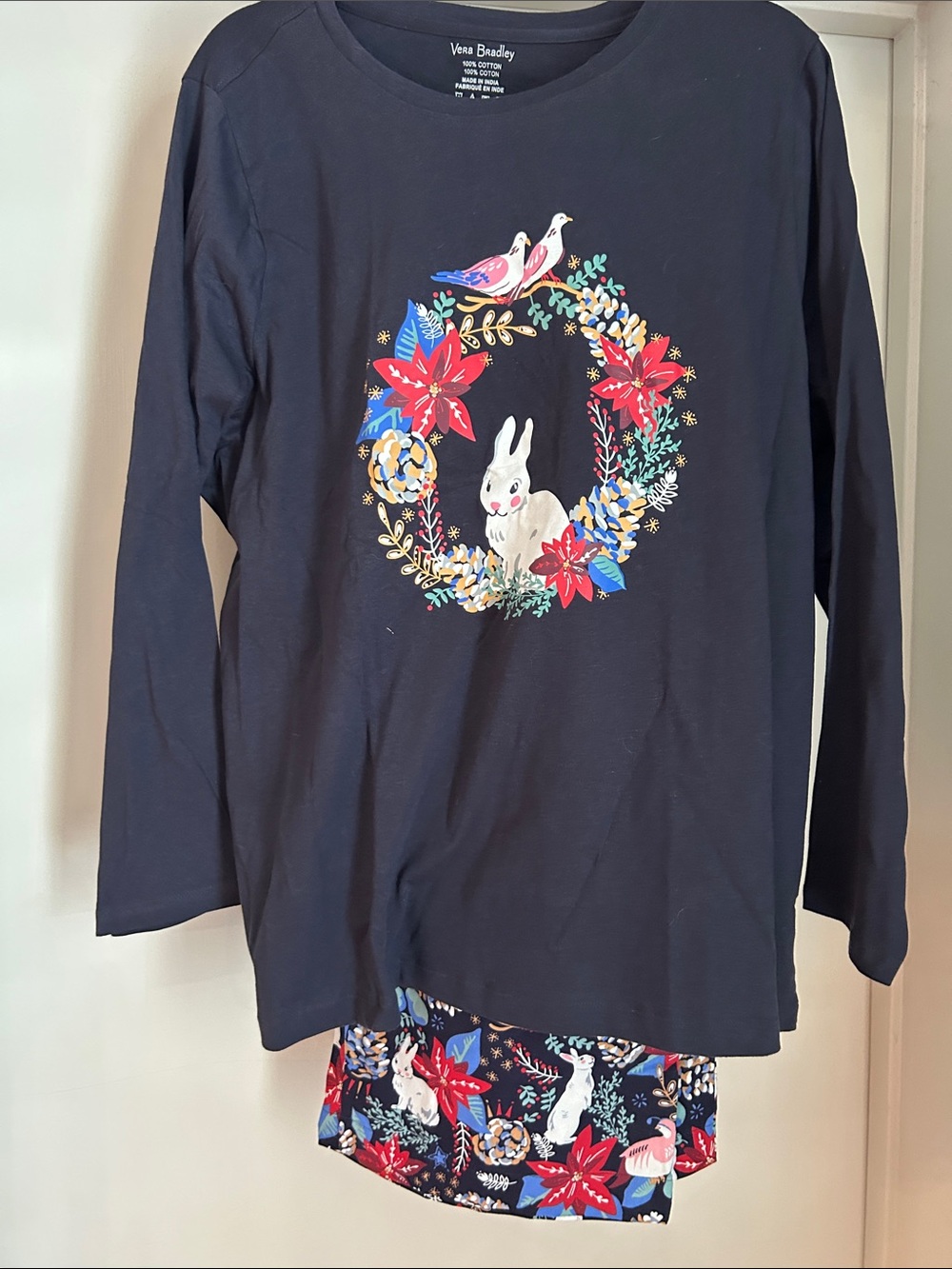 Vera Bradley Navy Floral Bunny Wreath Long Sleeve Top
